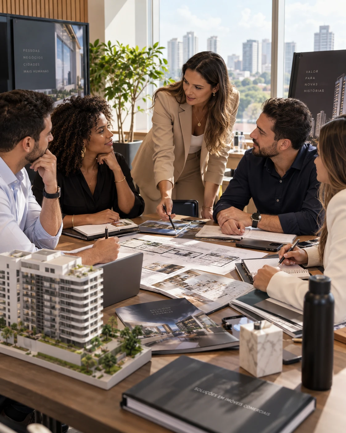 Equipe comercial reunida em torno de plantas e maquete de empreendimento, em sessão de treinamento