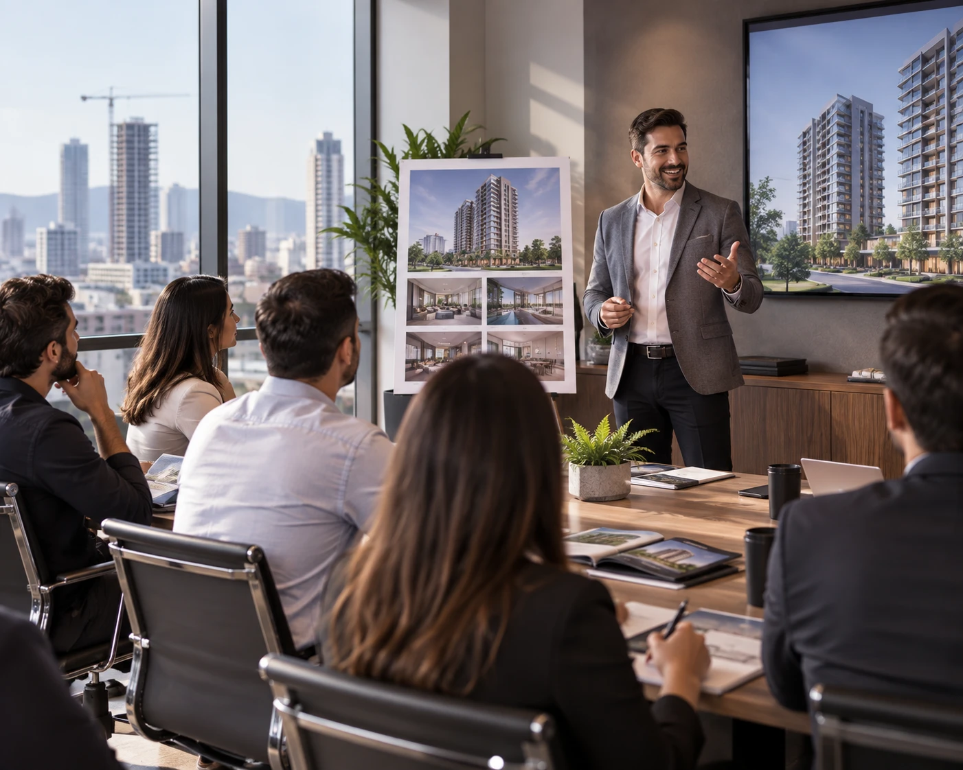 Instrutor apresentando um empreendimento para uma equipe comercial em treinamento presencial